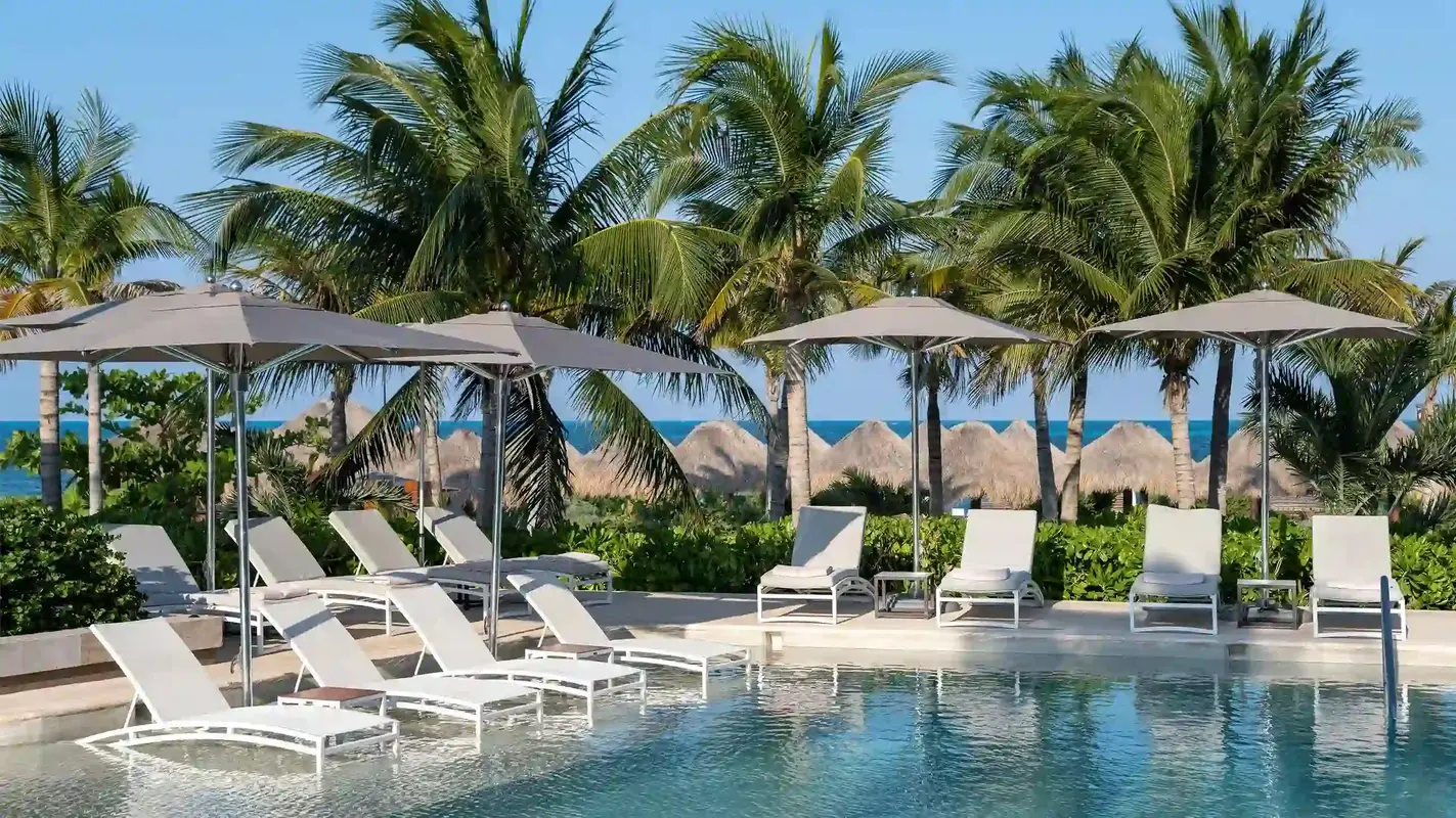 Pool deck with white loungers, umbrellas, palm trees, and ocean view in background.